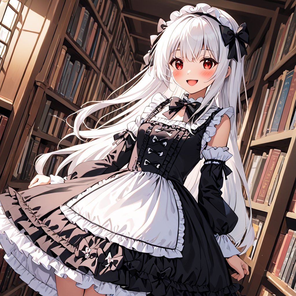 1girl, long hair, blush, smile, open mouth, red eyes, dress, bow, ribbon, white hair, :d, hair bow, hairband, book, dutch angle, arms behind back, lolita fashion, + +, gothic lolita, bookshelf