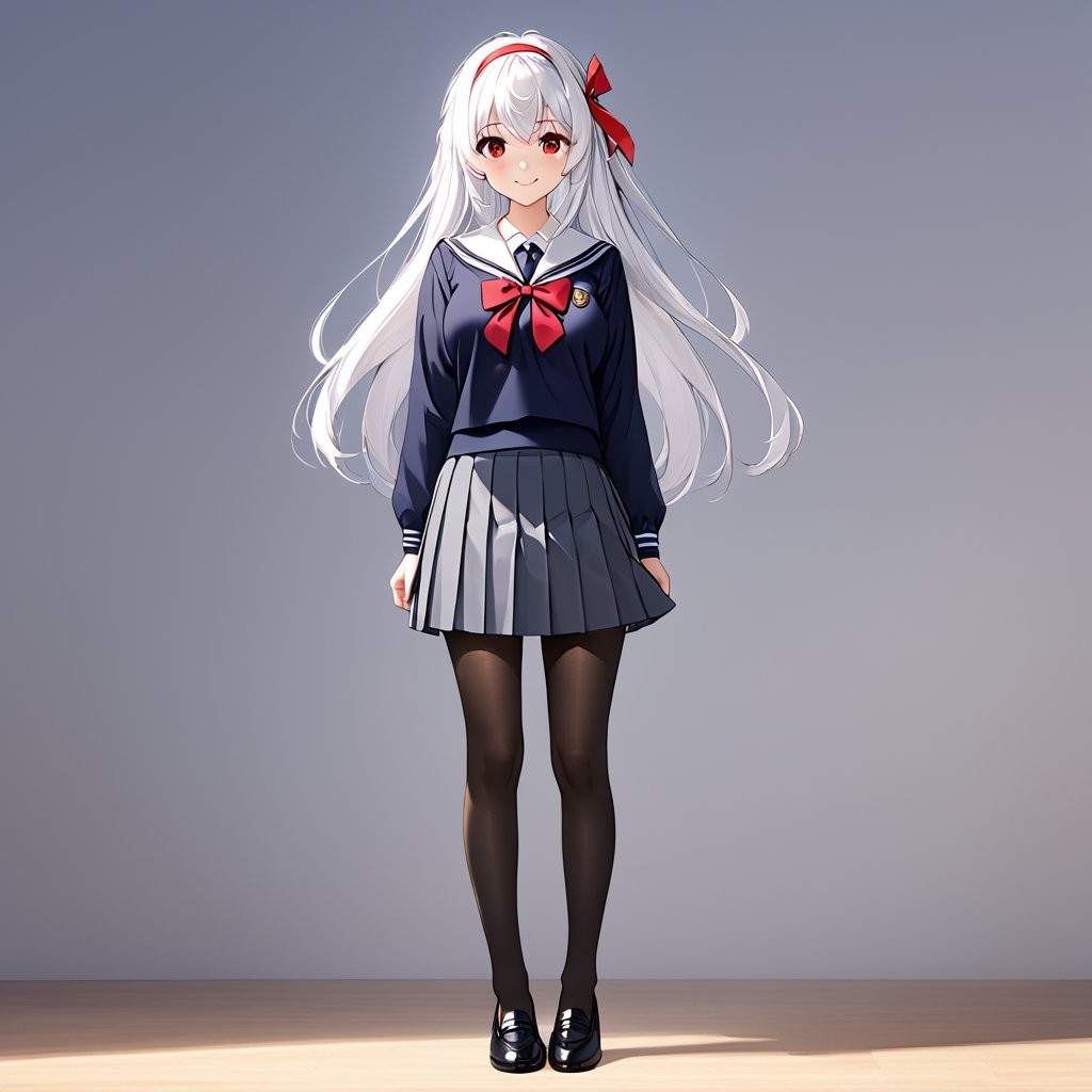 1girl, solo, long hair, breasts, looking at viewer, smile, skirt, shirt, red eyes, long sleeves, bow, ribbon, medium breasts, very long hair, school uniform, standing, full body, hair ribbon, white hair, pantyhose, pleated skirt, hairband, shoes, black pantyhose, copyright name, arms behind back, loafers, vertical stripes