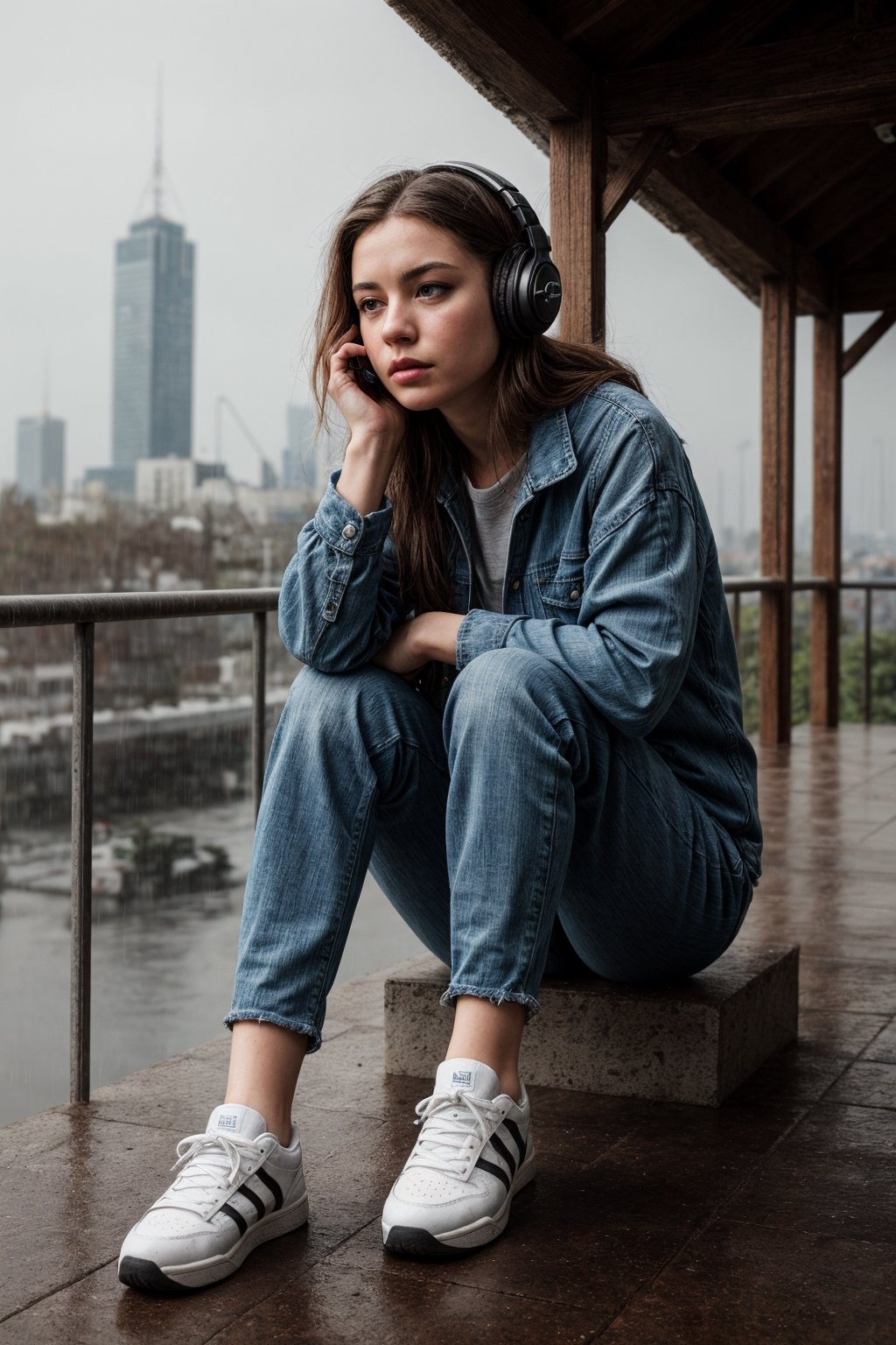 (masterpiece, high quality, 8K, high_res), 
a woman sits on top of a gazebo in the rain and looks down at the city below, it's raining, she's dressed in a shirt, jeans and sneakers, the wires of her headphones are visible, the image conveys the mood of melancholy reflection, impasse, doubt. Watercolor painting technique, ultra-detailed, beautiful,