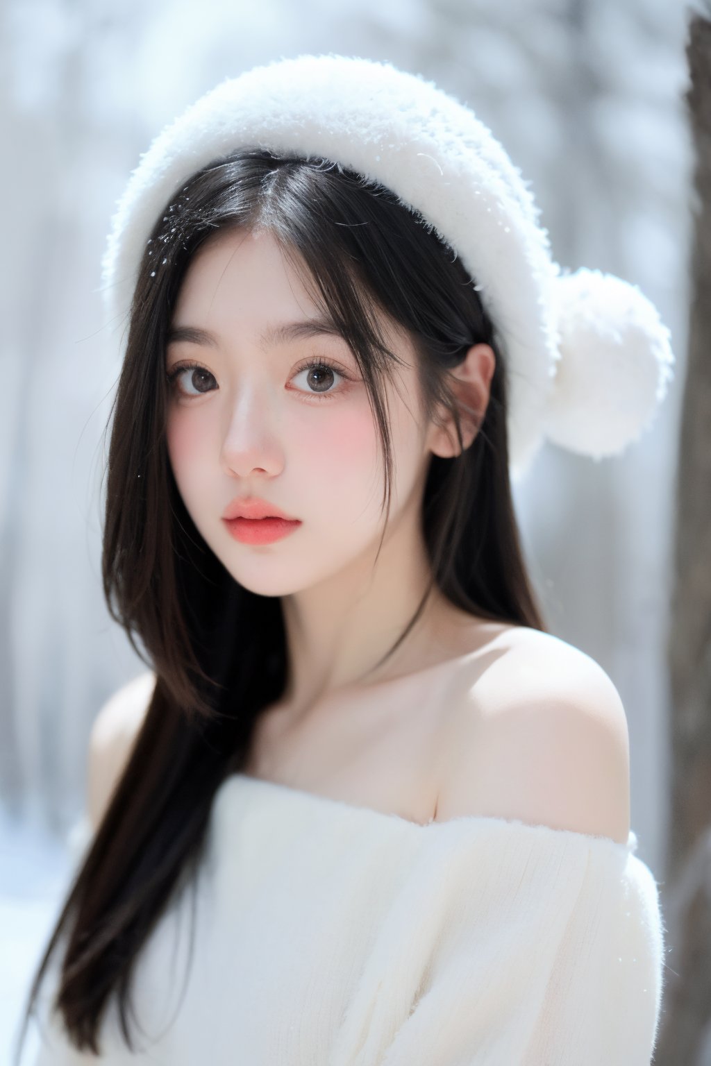 Best quality, High resolution, Masterpiece :1.3),hunart
upper body,portrait,looking at viewer,long hair
Winter “Nàng Thơ” with Icy Blue and White Tones
Background: The setting is a snow-covered forest, with tall pine trees dusted with snow in the background. The ground is blanketed in fresh white snow, and the crisp winter air is apparent in the softly blurred icy landscape.
Lighting: The lighting is cool and bright, with the pale winter sun casting a cold, gentle light over her. The snow reflects the light, giving her skin a porcelain-like glow, creating a serene and frosty winter atmosphere.
Outfit: She is wearing a long, flowing white gown with silver accents. The dress shimmers slightly in the winter light, adding a magical, otherworldly effect to the scene.
Hair: Her long black hair is loose and straight, with soft snowflakes delicately resting on her hair and shoulders, giving her a magical, ethereal appearance.
Mood: She looks peaceful and serene, as if enjoying the stillness of a snowy winter day. Her expression is calm and reflective, embodying the quiet beauty of winter.
Tone/Color Palette: The scene is dominated by icy blues, crisp whites, and soft silvers, evoking the cold, serene beauty of winter. The cool tones enhance the tranquil, almost mystical mood of the image.