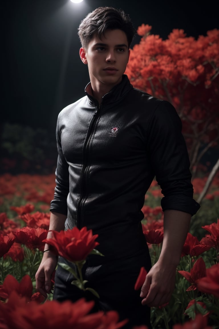 Teenage Superboy in a field of red flowers, surreal dark art, trending on artstation, interconnected human lifeforms, seafloor, black oled background, bloom, contaminated, RAW photo, detailed photo, gorgeous, shallow depth of field, bokeh, volumetric lighting, (surreal:0.4), hyper detailed photorealistic life-like accurate proportional 8k sharp focus, (accurate cinematic lighting), photorealistic detail, (selective focus:0.6)