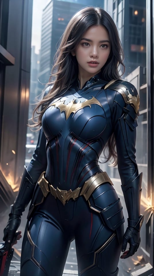 Best picture quality, high resolution, 8k, realistic, sharp focus, realistic image of elegant lady, Korean beauty, supermodel, pure white hair, blue eyes, wearing high-tech cyberpunk style blue Batgirl suit, radiant Glow, sparkling suit, mecha, perfectly customized high-tech suit, ice theme, custom design, 1 girl,swordup, looking at viewer,JeeSoo 