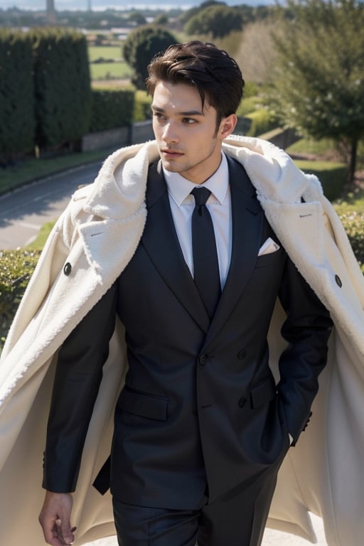 A handsome male stands tall, his broad shoulders and bulging muscles straining against a tailored suit. He wraps himself in a luxurious feather coat, the soft plumage rustling in the gentle breeze. The camera captures him from a dramatic Dutch angle, looking down at him from above as he surveys the vast outdoor landscape behind him.