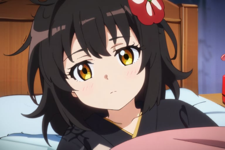 1 girl, messy hair, on bed, half asleep, half awake, alarm clock, bed room,
Short black hair, red flower hair ornament, yellow eyes, black kimono with spider web painted on shoulder, hand painted, anime style, cute, thickly painted, transparent(mio-XL)