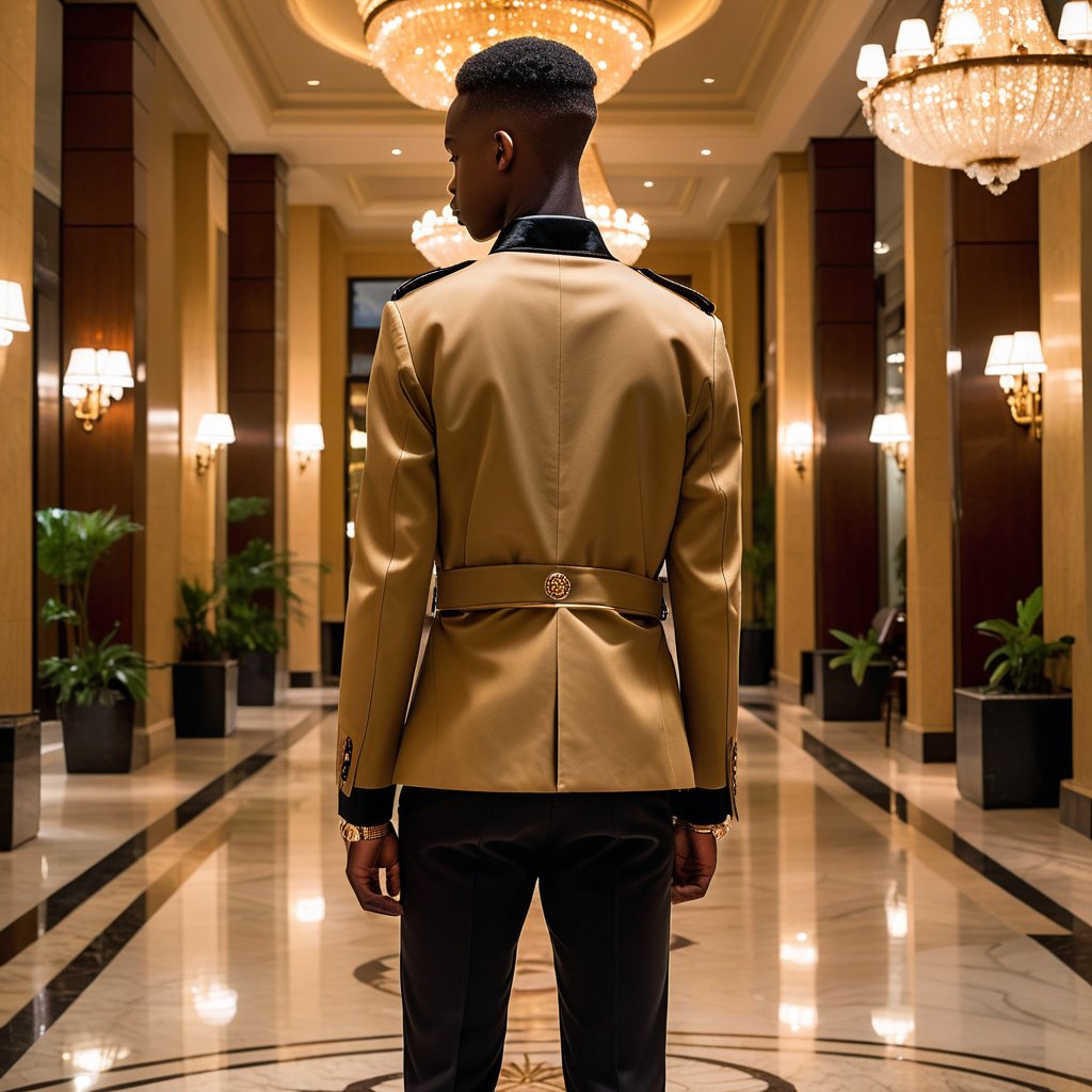 rear view, an 18 year old African twink bellman dressed in a short jacket and tight fitting classic pants, the jacket ends just above the waist.  The setting is the luxurious lobby of a high-end hotel, with elegant marble floors and large chandeliers visible in the background. The lighting is soft, casting a dramatic mood, 