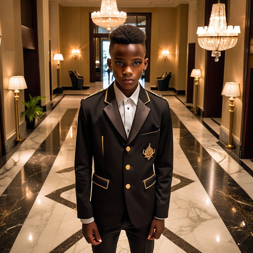 view from above, an 18 year old African twink bellman dressed in a short jacket and tight fitting classic pants, the jacket ends just above the waist.  The setting is the luxurious lobby of a high-end hotel, with elegant marble floors and large chandeliers visible in the background. The lighting is soft, casting a dramatic mood, 