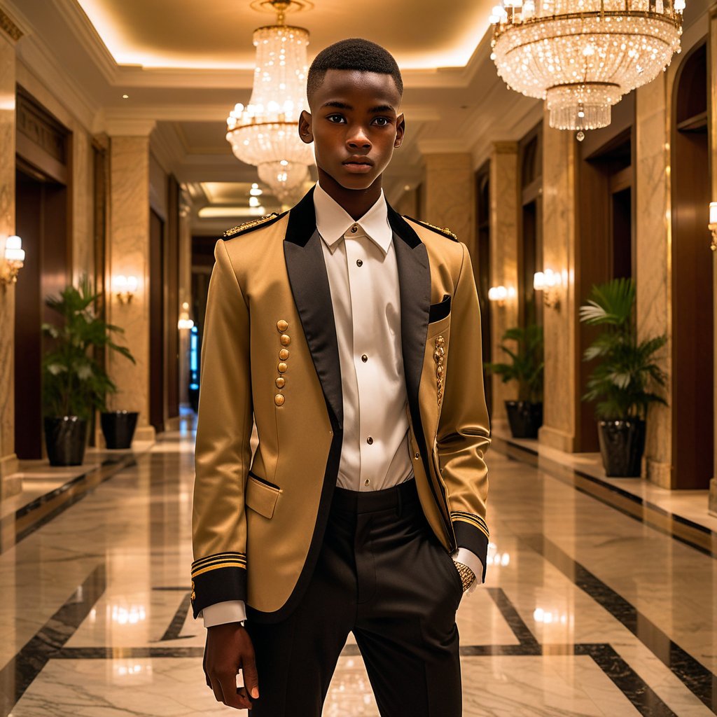 an 18 year old African twink bellman dressed in a short jacket and tight fitting classic pants, the jacket ends just above the waist.  The setting is the luxurious lobby of a high-end hotel, with elegant marble floors and large chandeliers visible in the background. The lighting is soft, casting a dramatic mood, 