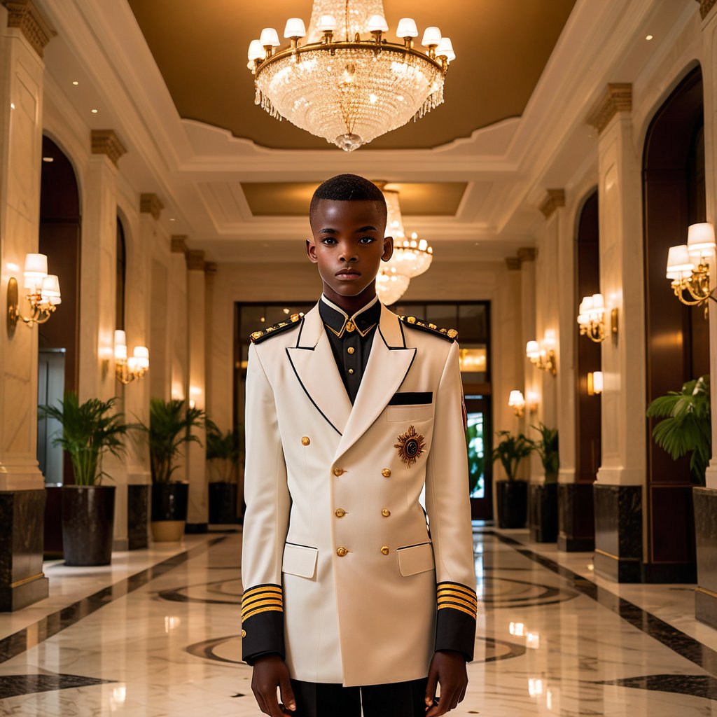 an 18 year old African twink bellman dressed in a very tight fitting classic uniform.  The setting is the luxurious lobby of a high-end hotel, with elegant marble floors and large chandeliers visible in the background. The lighting is soft, casting a dramatic mood, 