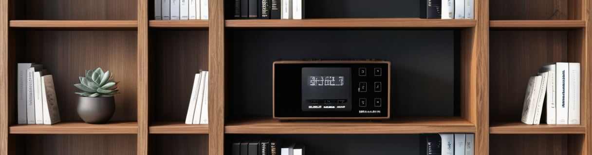 Ultra-detailed close-up of a modern Bluetooth Sangean radio in a luxurious minimalist bookshelf (bookshelf:1.3). The radio's elegant wooden grain finish (wooden grain:1.2) wraps around its sides, paired with a black front panel (panel:1.1) featuring a sharp digital display (display:1.3) showing the time and station. Tactile buttons (buttons:1.2) for tuning and volume catch the light, highlighting their precise layout (layout:1.2). The bookshelf, made of rich dark wood (dark wood:1.1) with metal accents, contains books (books:1.1), geometric sculptures (sculptures:1.1), and succulents (decor:1.2). Soft ambient light (lighting:1.3) casts shadows (shadows:1.2), enhancing the textures of the wood (wood:1.1) and the sleek display (display:1.2). The ambiance blends modern sophistication (sophistication:1.3) and cozy warmth (warmth:1.1), with the radio as the focal point.,Brown wooden mini radio,Radio,Bluetooth radio,Radio,Brown wooden mini radio 