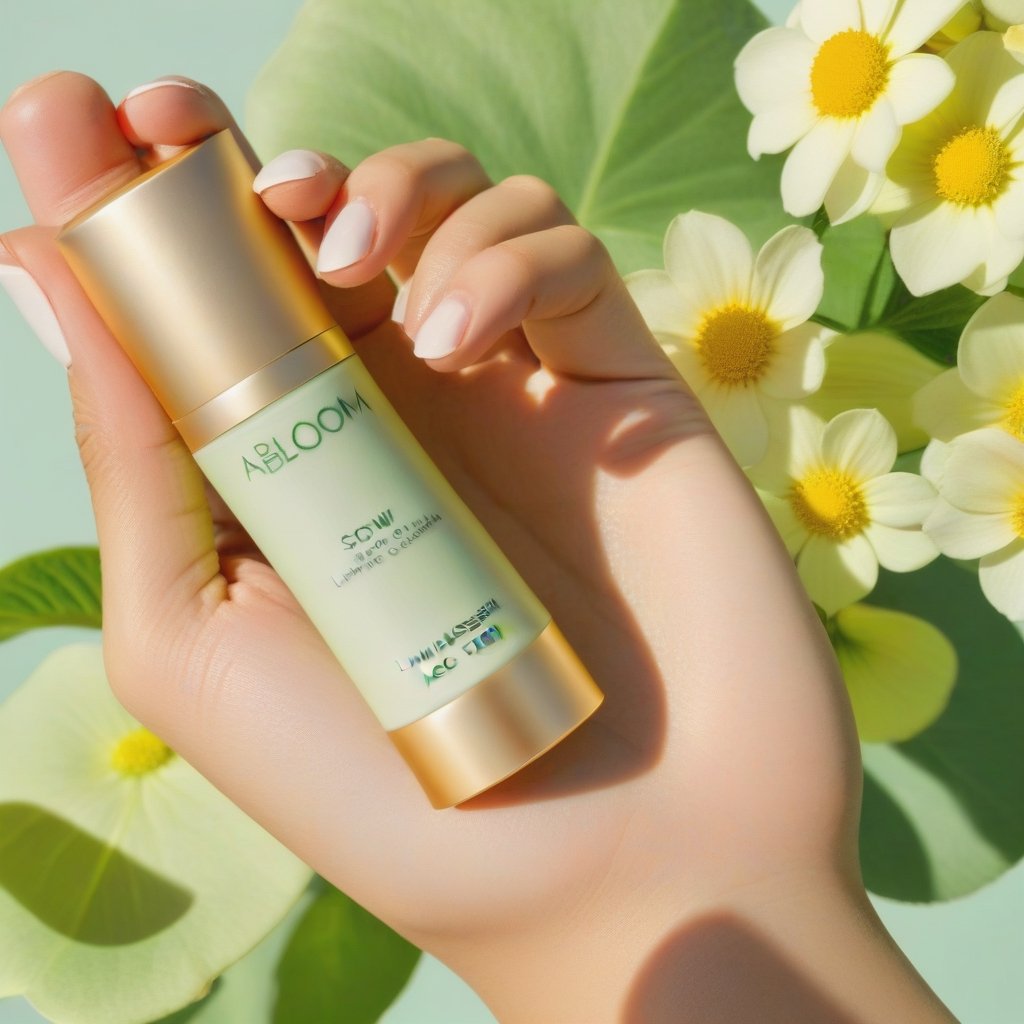 A woman, hand, holding a beauty product written, abloom in green color, slow in green, skincare in green, organic luminous in green, SPF 30+ cream in green, Sunskissed in green, (abloom: 1.4), more specifically eye cream, (eye cream: 1.0).