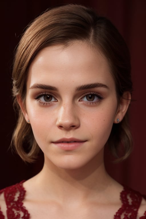 hyperrealistic photo of Emma Watson in a fashion photoshoot, wearing a vibrant red haute couture dress with lace and gemstone details. She has dramatic makeup, with intense red lips, black eyeliner, and long lashes. The image is fashion-forward, with professional lighting and a modern, minimalist background.