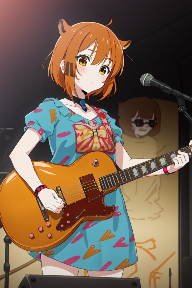 1girl,bob_cut,orange-brown hair,pastel candy hair clips ,capychanvt,capybara ears,band,band_stage,rockstar,capybara ears,bocchi style,red electric guitar