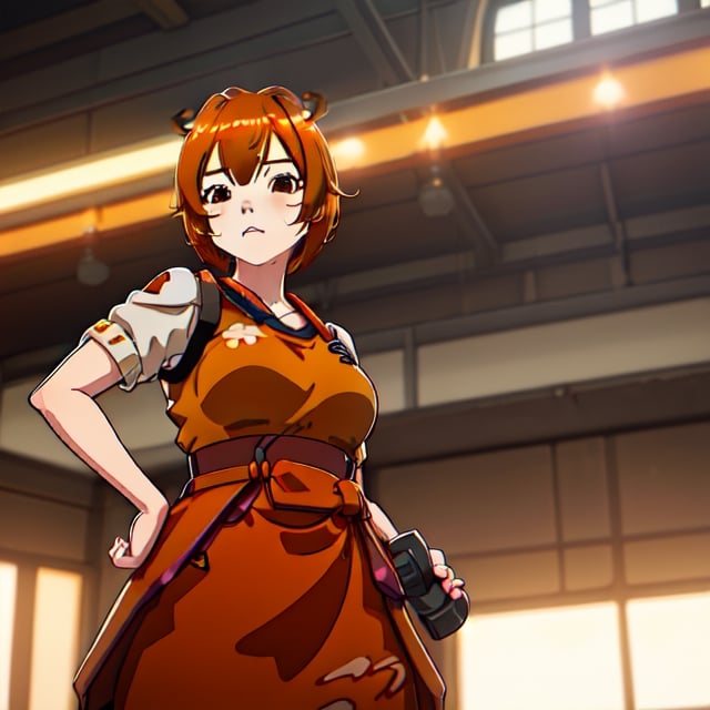 capychanvt,orange brown hair,Bob cut,capyba ears ,brown eyes,welding,study,cute anime style,capybara ears,high-quality ,Kiriko outfit