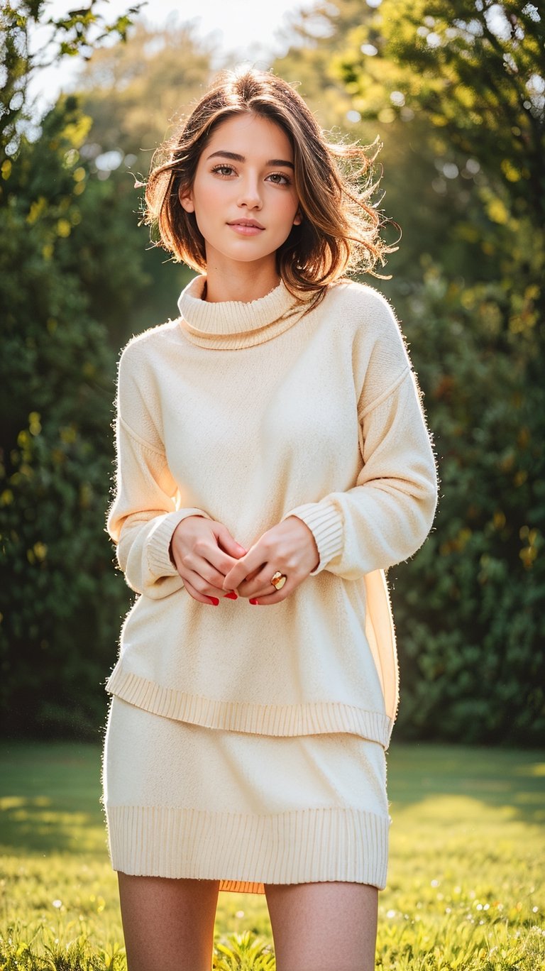 solo, alone, 1girl, natural, full body portrait,35mm film, heavy grain, effortless, tousled hair, minimal makeup, oversized cotton sweater, posed with relaxed elegance against a soft, sunlit background, captured by celebrated photographer Mario Testino with his signature natural, effortless style.. warm, natural, heavy grain, 35mm film, relaxed. 