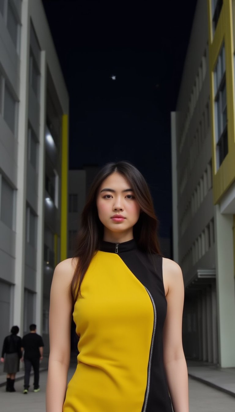 A woman with long dark brown hair stands confidently, wearing a vibrant yellow and black sleeveless dress with a sleek black collar. The silver zipper on her dress adds a touch of sophistication to the otherwise moody atmosphere. Against the backdrop of two contrasting buildings - one featuring gray and yellow panels, the other gray only - she poses with poise. In the distance, pedestrians move leftward across the frame, while the dark sky is punctuated by a few twinkling white stars.