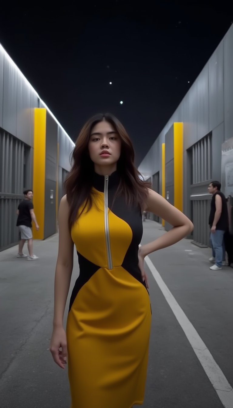 A woman with long dark brown hair stands confidently, wearing a vibrant yellow and black sleeveless dress with a sleek black collar. The silver zipper on her dress adds a touch of sophistication to the otherwise moody atmosphere. Against the backdrop of two contrasting buildings - one featuring gray and yellow panels, the other gray only - she poses with poise. In the distance, pedestrians move leftward across the frame, while the dark sky is punctuated by a few twinkling white stars.