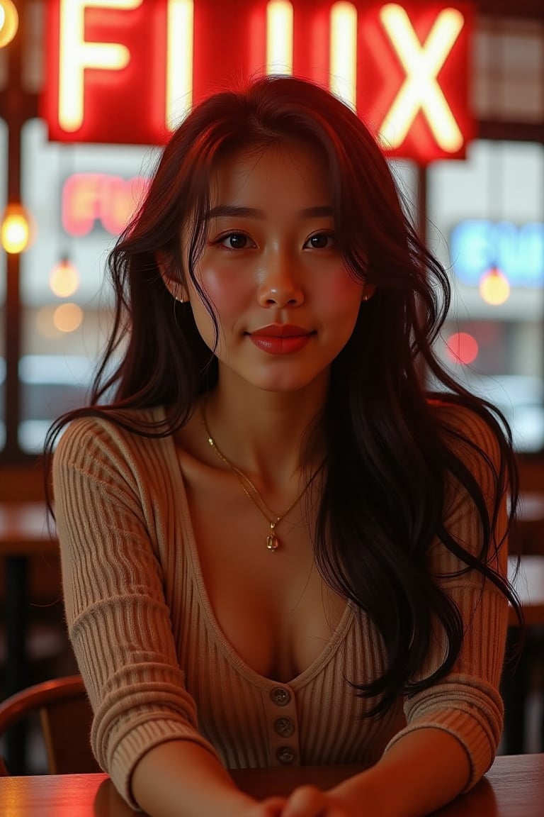 A serene café scene featuring a beautiful 27-year-old woman with flowing hair, relaxed posture, and warm, inviting attire. The backdrop showcases a cozy ambiance with soft golden lighting, complemented by a stylish "FLUX" neon sign illuminating the space in vibrant hues.