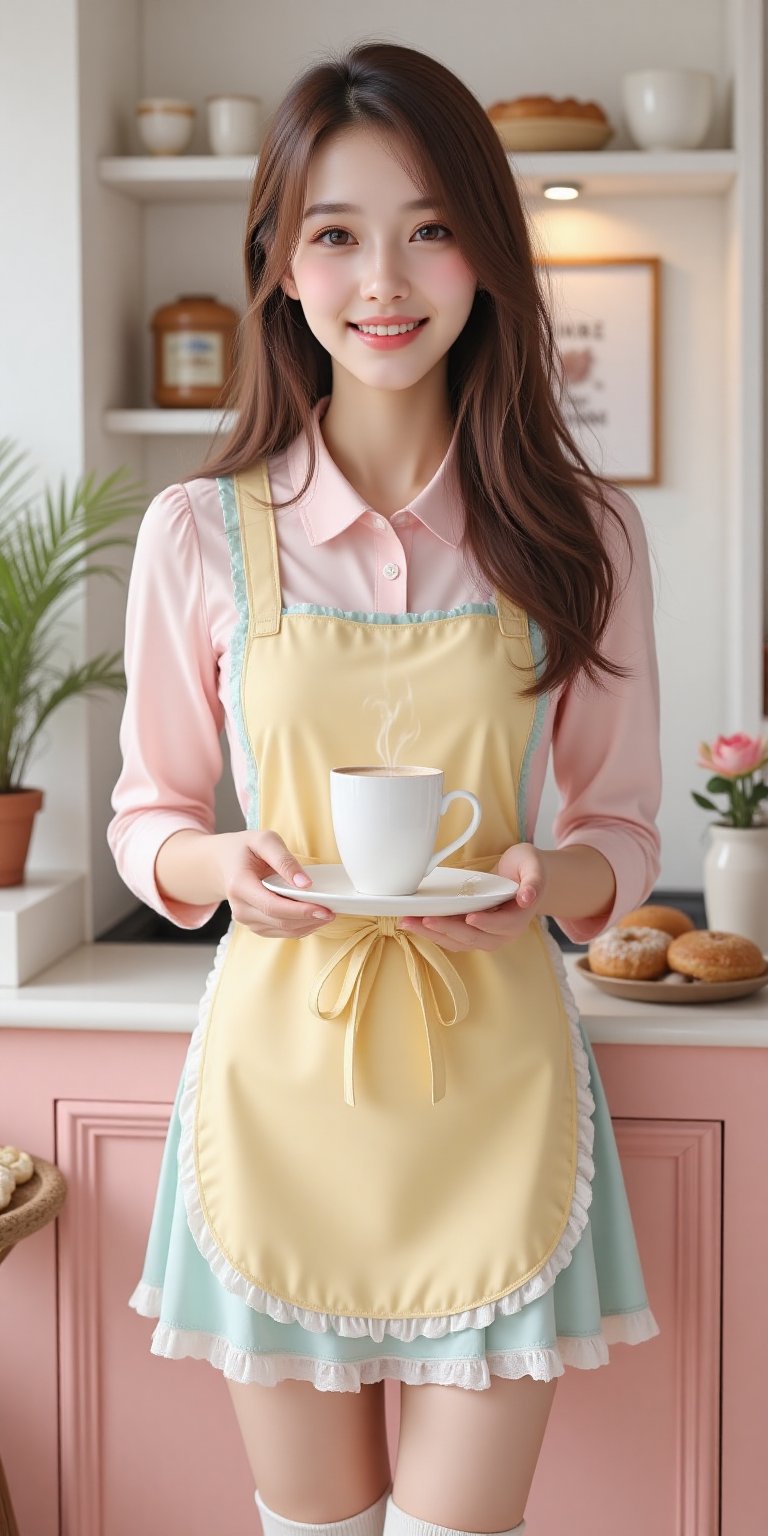A beautiful Japanese woman with flowing brown hair styled in soft waves,  dressed as an adorable pastel-colored café waitr...