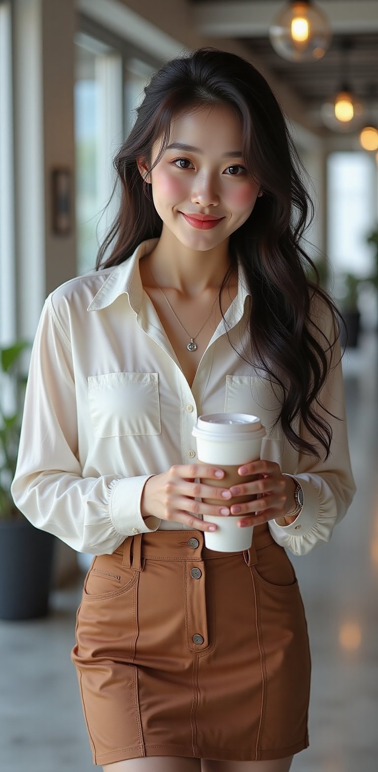 A beautiful office lady with a sly smile, wearing a stylish mini tight skirt, elegantly holding a coffee cup, framed against a sleek modern office background, with warm lighting highlighting her features.