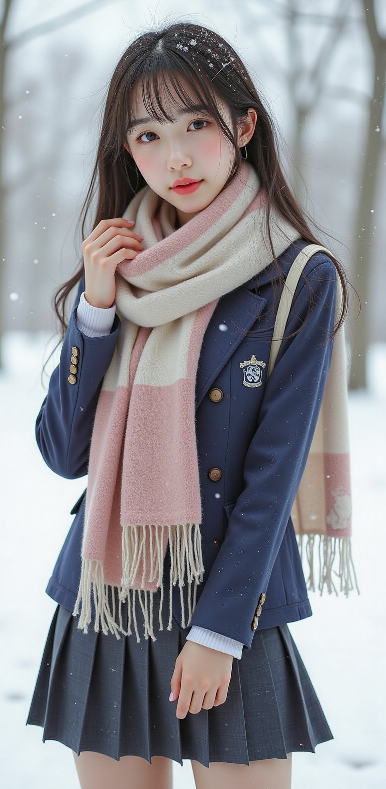 A beautiful woman in a school uniform stands amidst a serene snowy landscape, her vibrant scarf wrapped snugly around her neck, surrounded by softly falling snowflakes under a pale winter sky.