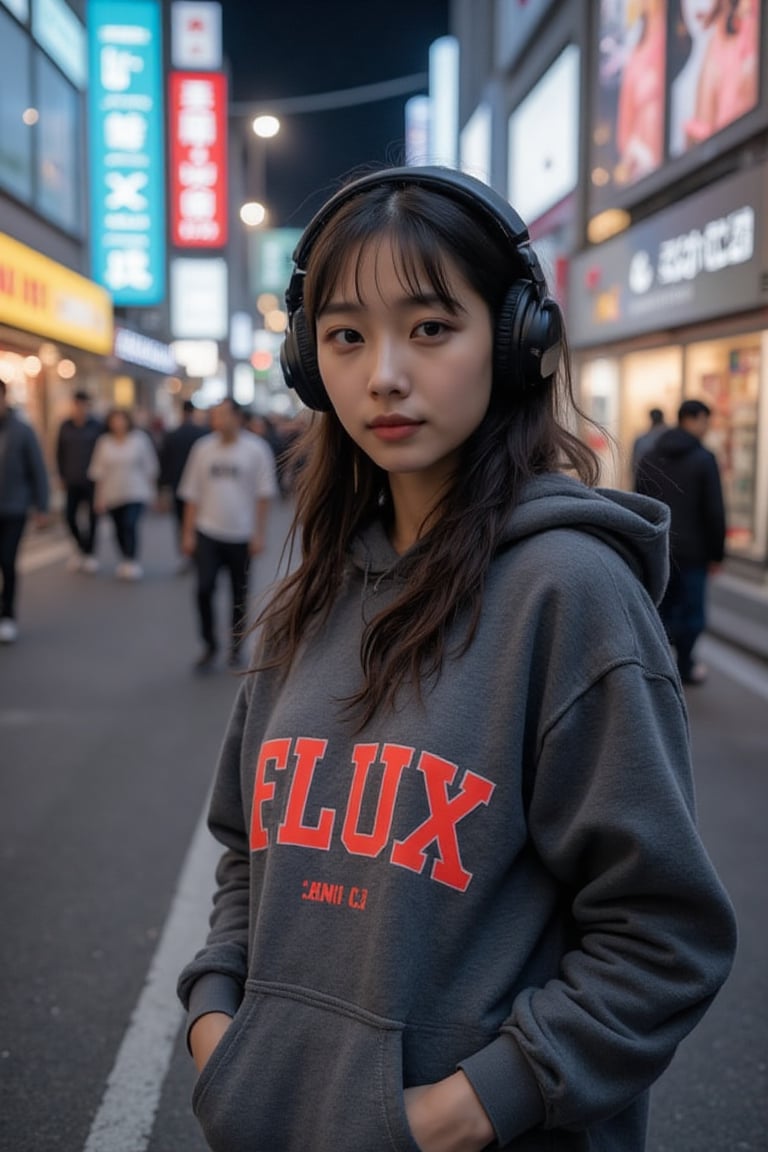 In the vibrant streets of Shibuya, a young and attractive woman radiates an aura of confidence as she strolls through the bustling crowd. Her striking almond-shaped eyes sparkle with excitement, framed by loose, wavy hair that catches the light of the neon signs illuminating the scene. She wears oversized, cushioned headphones that envelop her ears, allowing her to lose herself in the rhythm of the city while a soft melodic beat pulsates in her world. 

Draped over her slender frame is a trendy hoodie that boasts the word "FLUX" emblazoned in bold, urban graphics, the fabric a comfortable blend of soft cotton and polyester that drapes effortlessly against her. The hoodie is a rich shade of charcoal gray, contrasting starkly with the bright, colorful advertisement posters lining the streets. 

As she navigates through clusters of people, the scents of street food—savory yakitori and sweet crepes—waft through the air, mingling with the sound of laughter and chatter. She occasionally glances at the vibrant billboards showcasing the latest fashion and tech, her vibrant spirit harmonizing effortlessly with the energetic atmosphere of Shibuya. The playful interplay of light and shadows dances on the pavement, creating a dynamic backdrop to her journey.