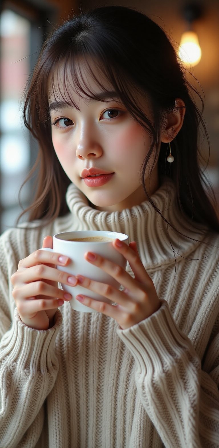 A beautiful woman in a cozy turtleneck sweater, holding a steaming cup of coffee, surrounded by soft, warm light in a softly blurred café setting, exuding a serene atmosphere.