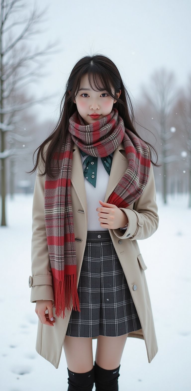 A beautiful woman in a school uniform stands amidst a serene snowy landscape, her vibrant scarf wrapped snugly around her neck, surrounded by softly falling snowflakes under a pale winter sky.