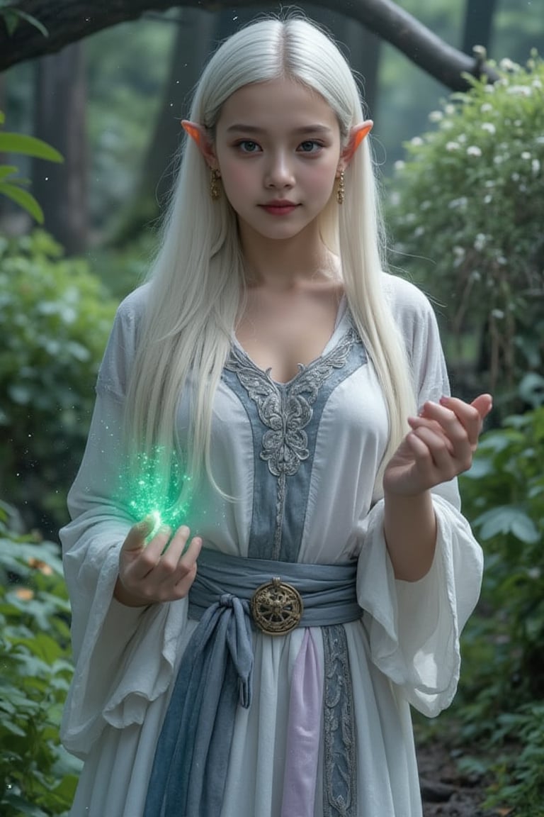 In a mystical glade bathed in soft, ethereal light, stands a young and stunningly beautiful elf sorceress, her delicate features accentuated by an enchanting aura. Her long, silky white hair cascades gracefully down her shoulders, shimmering like spun silver as it catches the gentle breeze. Dressed in a flowing robe of iridescent fabric that shifts in color from pale lavender to deep royal blue, intricate silver embroidery weaves intricate patterns inspired by nature across the garment, reflecting her connection to the magical realm.

Around her, the air crackles with energy as she raises her slender, graceful arms, her fingertips glowing with a vibrant emerald light. Tiny motes of sparkling magic swirl around her, illuminating the lush greenery that surrounds her. The faint scent of wildflowers and fresh earth lingers, and the soft sound of a nearby stream adds a serene melody to the atmosphere. The elf's emerald green eyes, vast and wise, hold a glint of mischief as she conjures an ancient spell, a knowing smile playing on her lips, suggesting a deep wisdom beyond her years and a playful spirit eager for adventure.