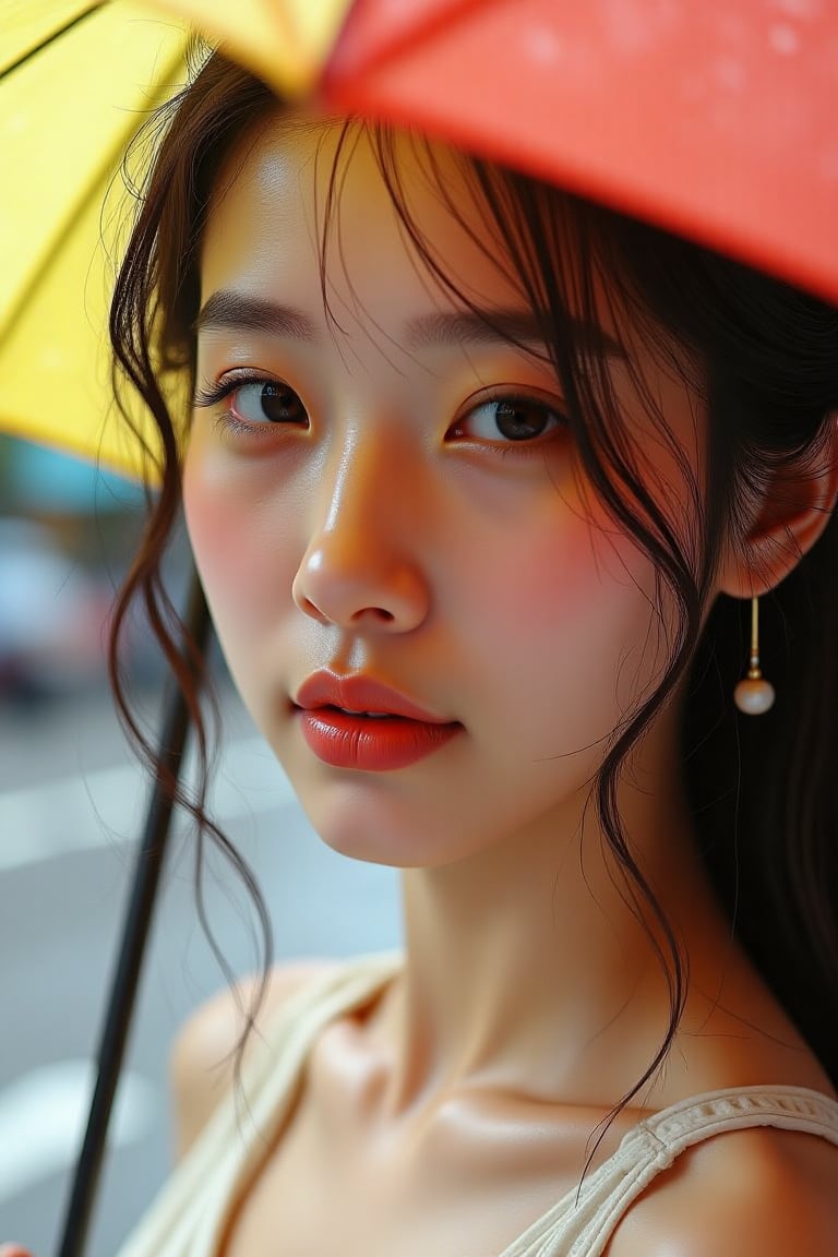 A beautiful 27-year-old woman, close-up of her face under a vibrant, colorful umbrella. Soft, diffused sunlight casts gentle shadows, highlighting her luminous skin and expressive eyes. The background features a blurred, rainy cityscape.