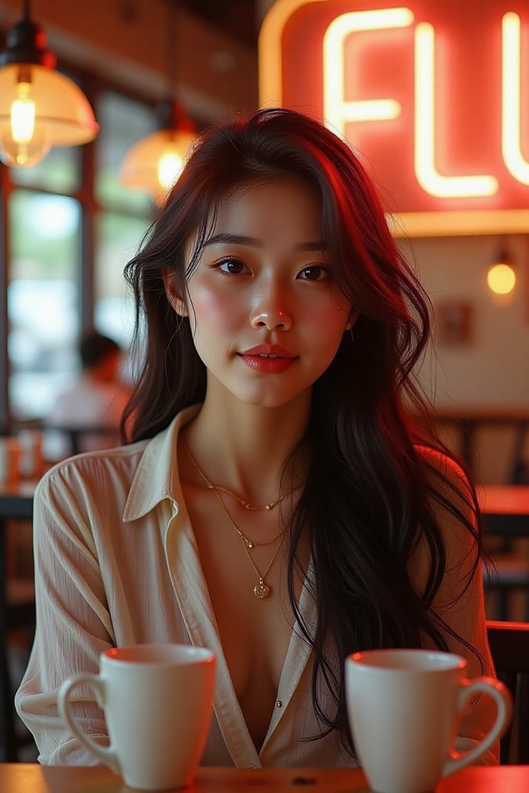 A serene café scene featuring a beautiful 27-year-old woman with flowing hair, relaxed posture, and warm, inviting attire. The backdrop showcases a cozy ambiance with soft golden lighting, complemented by a stylish "FLUX" neon sign illuminating the space in vibrant hues.