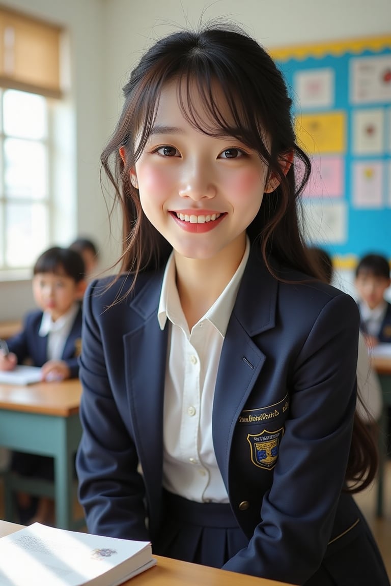 In a sunlit classroom filled with vibrant educational posters, a cute young woman in a neatly pressed school uniform beams with joy. Her crisp white blouse is complemented by a navy blue blazer, adorned with a school crest on the chest. The light fabric of her pleated skirt sways gently as she shifts slightly, letting the sunlight dance across her face. Her shiny dark hair falls in soft waves around her shoulders, framing her cheerful expression. Bright, expressive eyes sparkle with enthusiasm, and a hint of rosy blush colors her cheeks, enhancing her radiant smile. The warm ambiance of the room is punctuated by the soft rustling of pages and the faint chatter of classmates nearby, creating an atmosphere brimming with youthful energy and hopefulness.