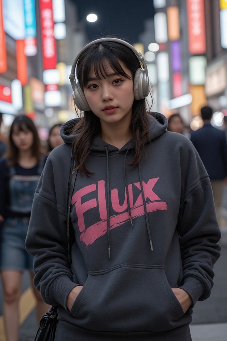 In the vibrant streets of Shibuya, a young and attractive woman radiates an aura of confidence as she strolls through the bustling crowd. Her striking almond-shaped eyes sparkle with excitement, framed by loose, wavy hair that catches the light of the neon signs illuminating the scene. She wears oversized, cushioned headphones that envelop her ears, allowing her to lose herself in the rhythm of the city while a soft melodic beat pulsates in her world. 

Draped over her slender frame is a trendy hoodie that boasts the word "FLUX" emblazoned in bold, urban graphics, the fabric a comfortable blend of soft cotton and polyester that drapes effortlessly against her. The hoodie is a rich shade of charcoal gray, contrasting starkly with the bright, colorful advertisement posters lining the streets. 

As she navigates through clusters of people, the scents of street food—savory yakitori and sweet crepes—waft through the air, mingling with the sound of laughter and chatter. She occasionally glances at the vibrant billboards showcasing the latest fashion and tech, her vibrant spirit harmonizing effortlessly with the energetic atmosphere of Shibuya. The playful interplay of light and shadows dances on the pavement, creating a dynamic backdrop to her journey.