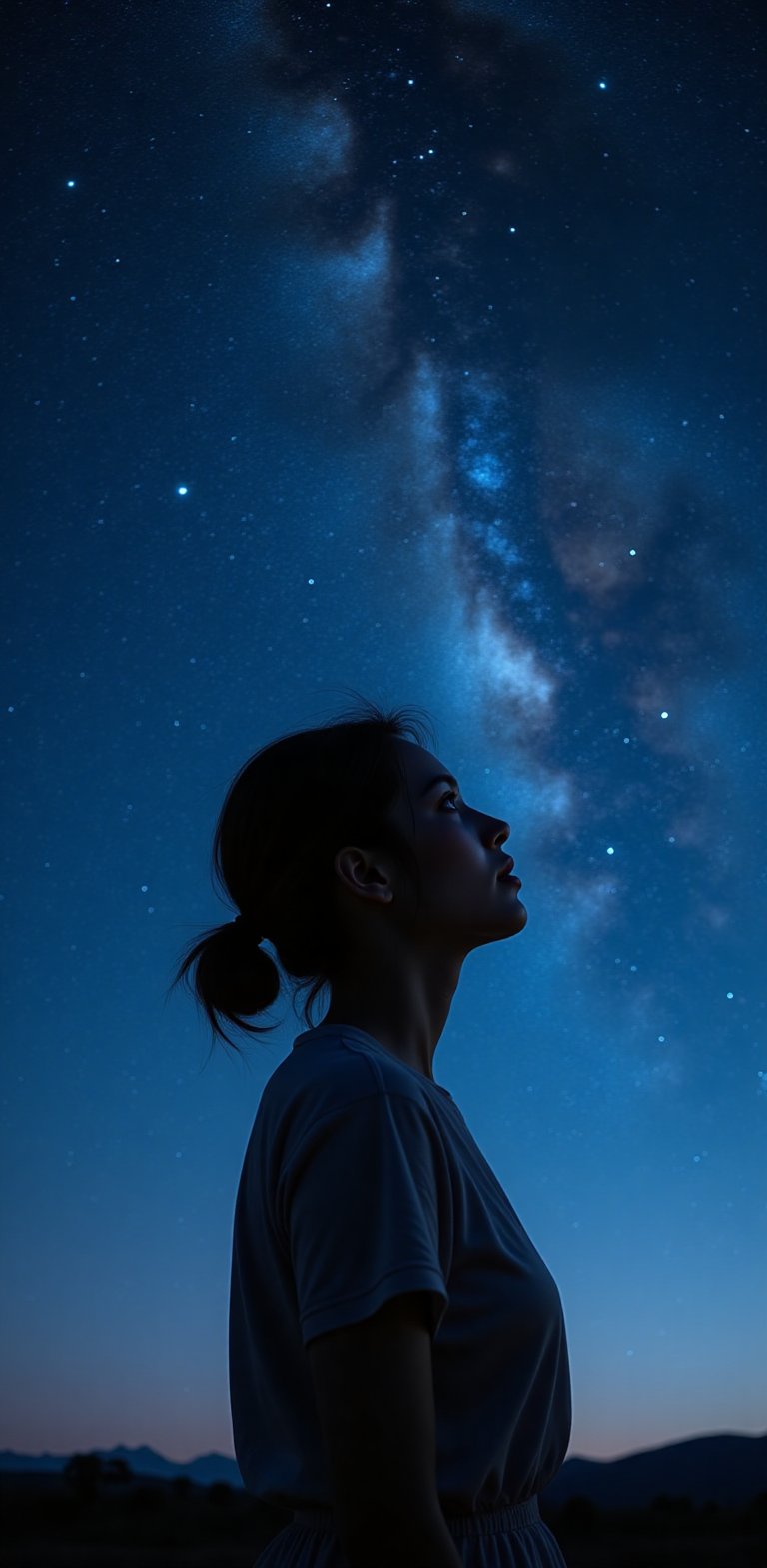 A serene woman gazes up at a dazzling starry sky, her silhouette softly illuminated by shimmering constellations, set against a deep indigo background, evoking tranquility and wonder.