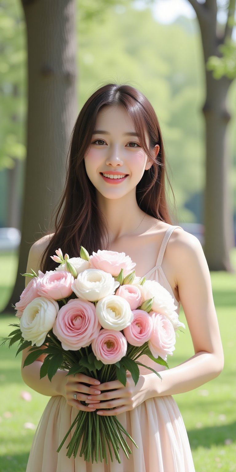 A stunning Japanese woman with a warm,  joyful smile stands in a lush,  sunlit park by image creator X on Tensor.Art
