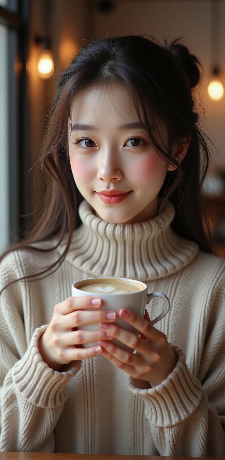 A beautiful woman in a cozy turtleneck sweater, holding a steaming cup of coffee, surrounded by soft, warm light in a softly blurred café setting, exuding a serene atmosphere.smile.