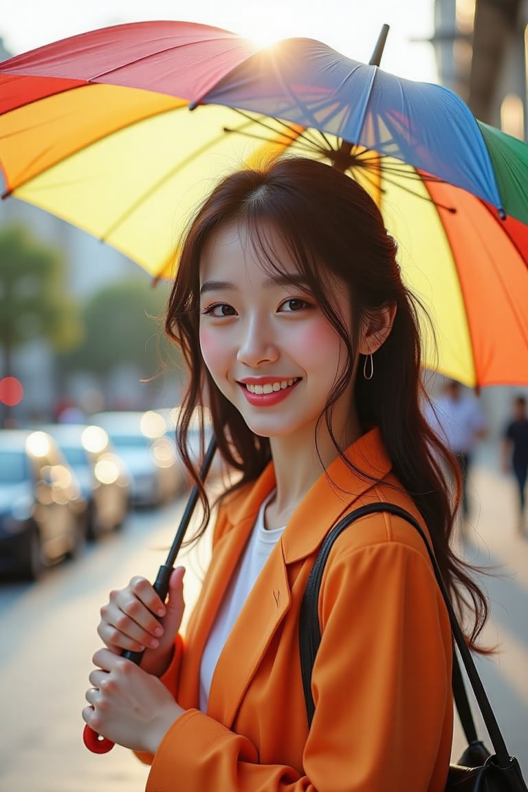 A beautiful 23-year-old woman smiles while holding a colorful umbrella, her vibrant outfit contrasting against a soft, blurred cityscape background. Gentle sunlight filters through the umbrella, casting warm hues.