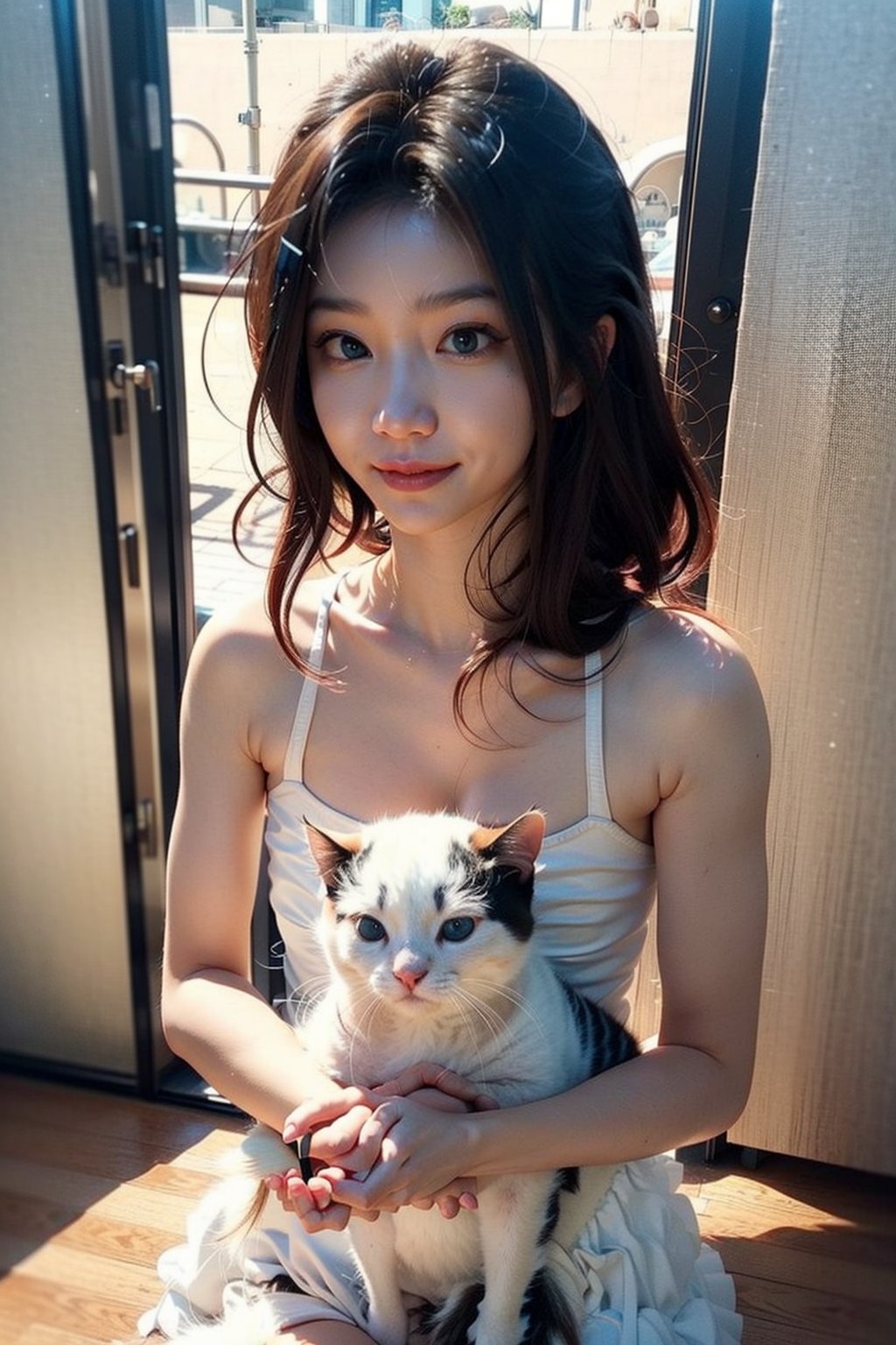 a youthful woman with a gentle smile cradling a fluffy cat. The shot,  taken with a DSLR camera,  boasts hyper-realistic d...