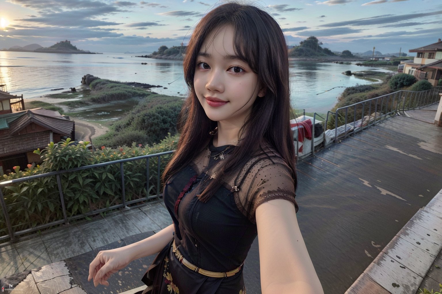 (Best quality, 8k, 32k, Masterpiece, UHD:1.2), 4girl, (medium-short dark brown hair), double eyelid, medium-large breasts, slender busty body, sexy casual red long dress, ocean view, walking on seaside hill, sunset, sexy face, smile, white teeth, look at camera, from behind, windy, detailed eyes, detailed facial, detailed hair, detailed fabric rendering, ,PrettyLadyxmcc