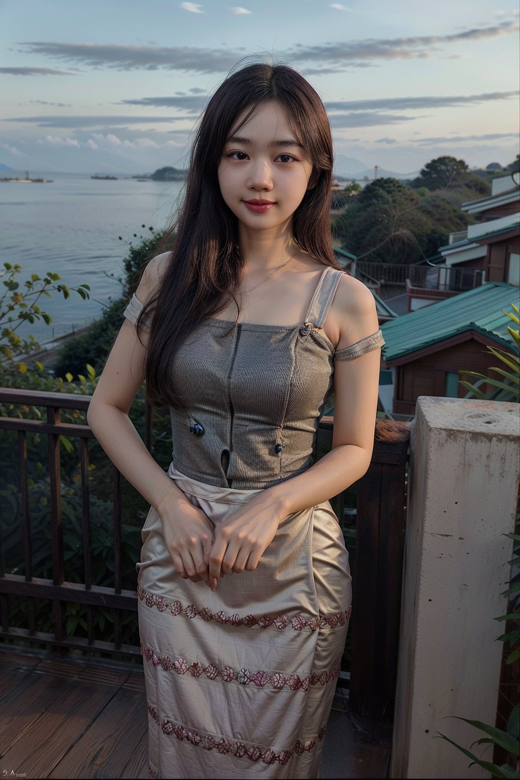 (Best quality, 8k, 32k, Masterpiece, UHD:1.2), Photo of Pretty Japanese woman, 1girl, (medium-short dark brown hair), double eyelid, medium-large breasts, slender busty body, sexy casual red long dress, ocean view, walking on seaside hill, sunset, sexy face, smile, white teeth, look at camera, from behind, windy, detailed eyes, detailed facial, detailed hair, detailed fabric rendering, ,PrettyLadyxmcc