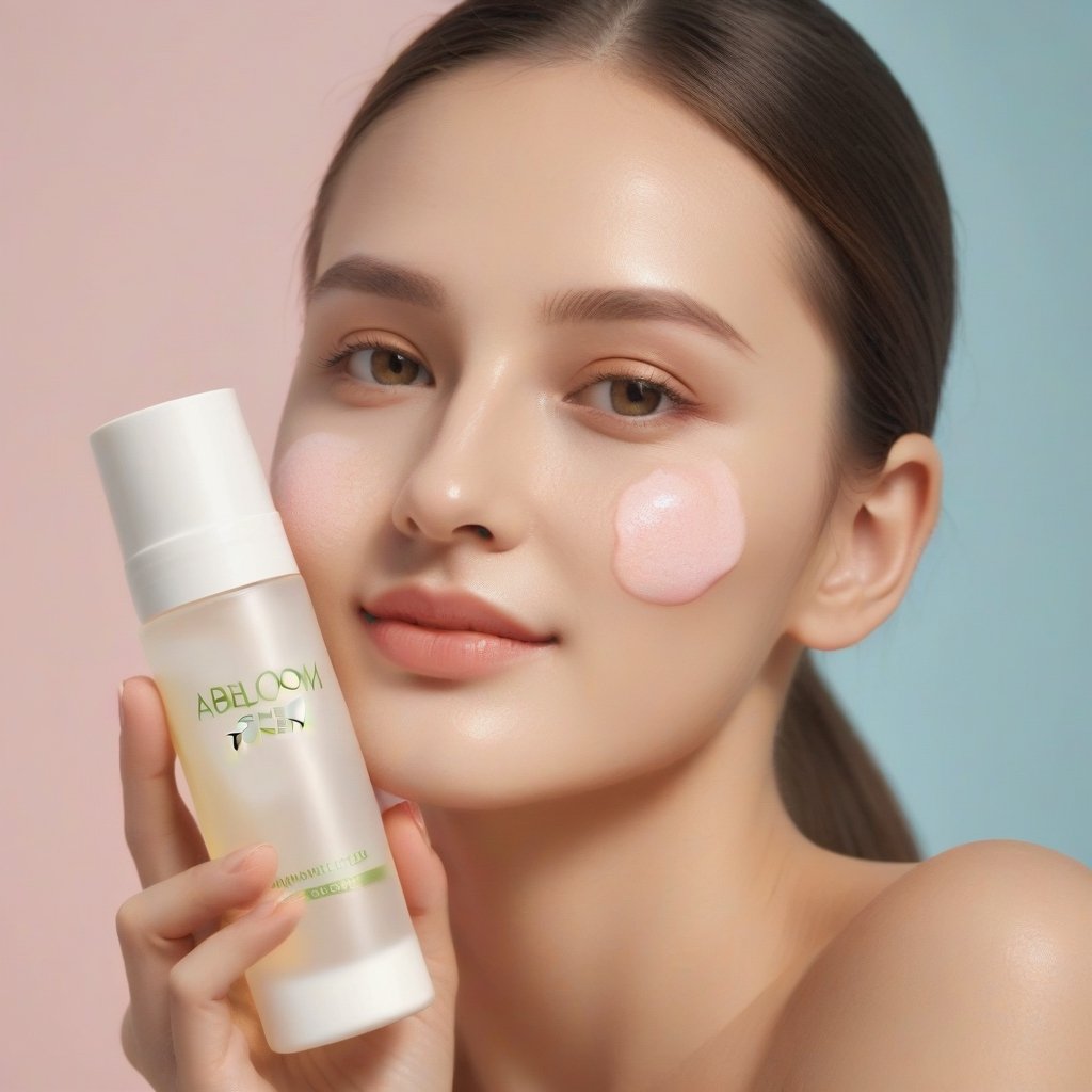 beautiful girl with a glowing face holding abloom toner