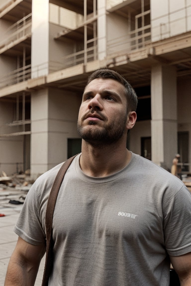 chubby, overweight but strong construction worker in a construction site looking up at the building, green shirt and jeans,