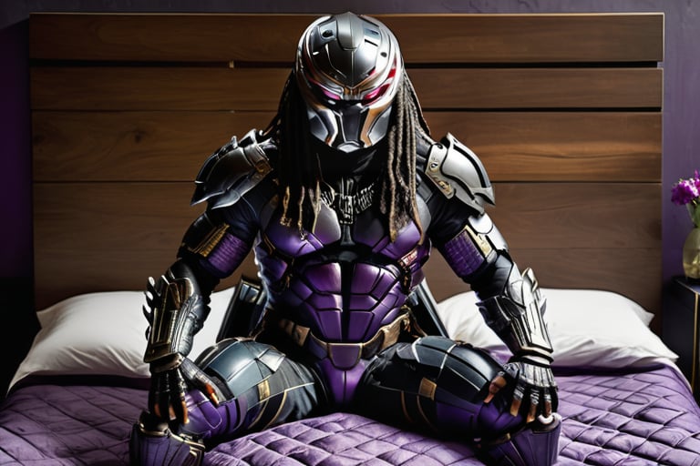 the predator with many masculine features and bulges on a bed of purple quilts, full body armour,