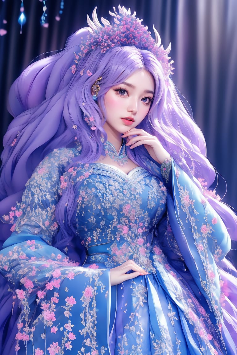 In a digital art style,  this piece portrays an ethereal female figure adorned in elaborate,  traditional-inspired attire....