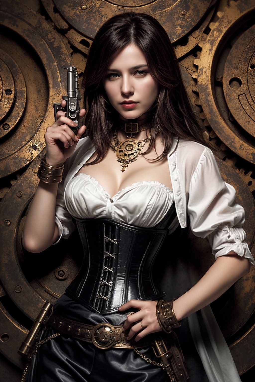 The image portrays a steampunk art style,  rich with mechanical and Victorian elements. The composition centers around a w...