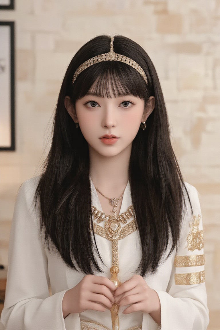 This digital artwork, possibly created by an Asian artist, is rendered in a detailed, realistic style. The composition focuses on the bust of a young woman dressed in exquisite gold jewelry in the ancient Egyptian style, including a headdress, necklace, and armbands. She has long black hair and stunning golden eyes. The protagonist wears a white outfit with a decorative gold collar and holds a scepter-like object. The background is minimalistic and softly colored, ensuring the characters are in focus. The overall aesthetic blends elements of history and fantasy to create a noble and mysterious atmosphere.