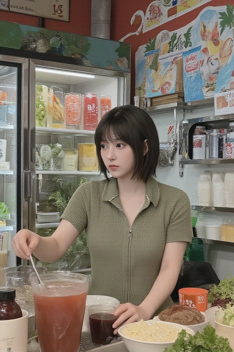 Frontal portrait photography, old photo mode, in the 1960s, a Taiwanese woman sold juice in a Taiwanese ice cream shop. Antique smell. Various vegetables and fruits are placed in transparent cabinets and on the refrigerator