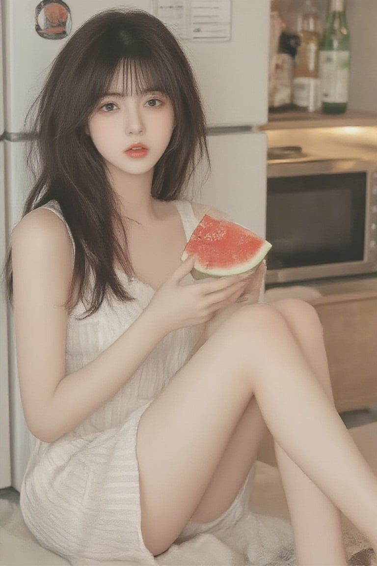 1girl, solo, long hair, looking at viewer, bangs, black hair, dress, holding, sitting, food, sleeveless, striped, white dress, black eyes, cup, fruit, sleeveless dress, crossed legs, red lips, striped dress, watermelon, refrigerator