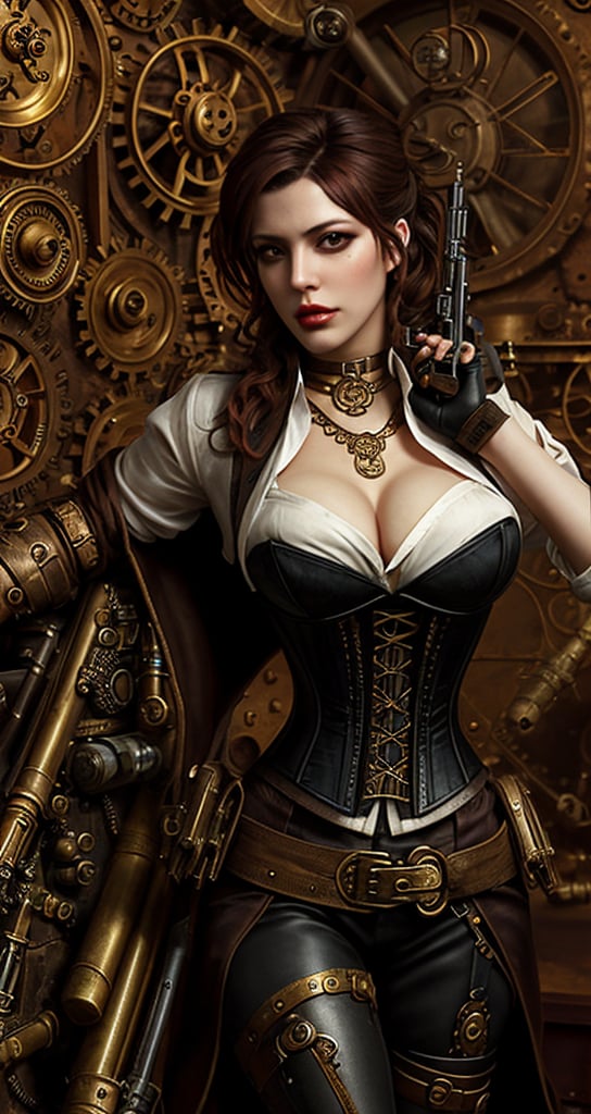 The image portrays a steampunk art style, rich with mechanical and Victorian elements. The composition centers around a woman confidently posing with an intricate, futuristic pistol. She is dressed in a white blouse, black corset, and choker, epitomizing the classic steampunk aesthetic. The background is a complex array of interlocking brass gears and cogs, bathed in warm lighting that accentuates the metallic textures. The overall ambiance is both mechanical and elegant, combining vintage and industrial elements seamlessly.