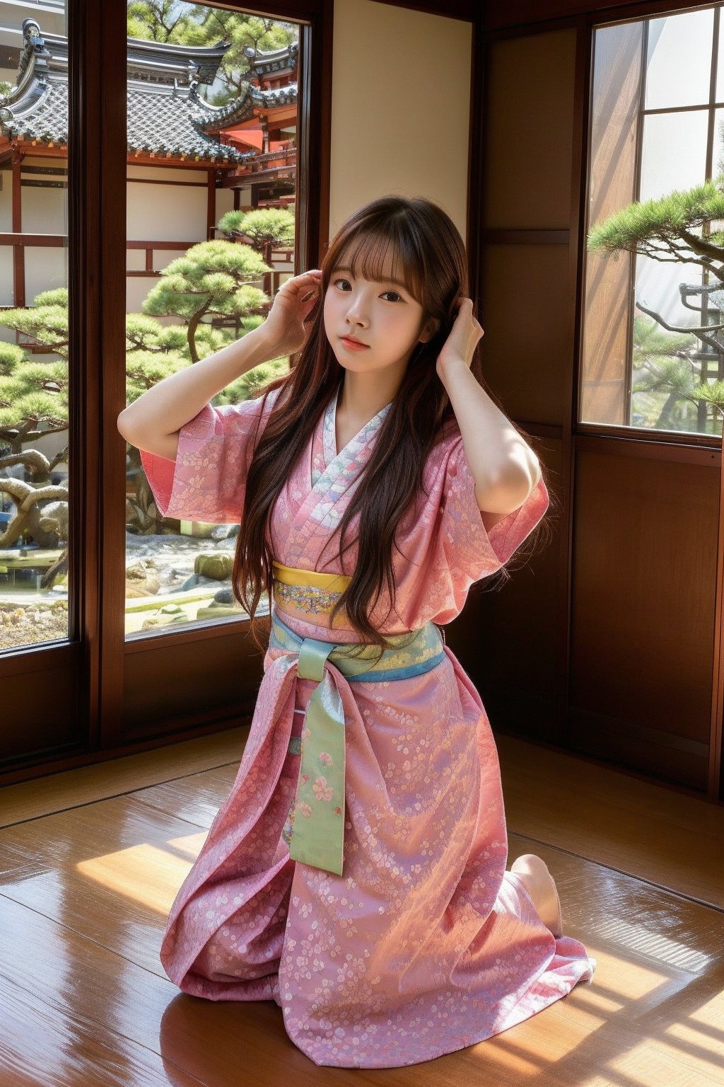 Realistic portrait photography, with images reminiscent of realistic anime. The picture shows a young Korean woman with long brown hair, wearing a pink floral patterned yukata and a colorful sash, kneeling on the wooden floor by the window. She put her hands behind her head in a casual and candid pose. Bright sunlight pours in, casting a warm glow on her and the wooden interior. The backdrop includes a bonsai landscape and traditional Japanese architecture, showcasing a tranquil cultural environment. The overall composition is balanced, blending traditional clothing with a modern and relaxed atmosphere.