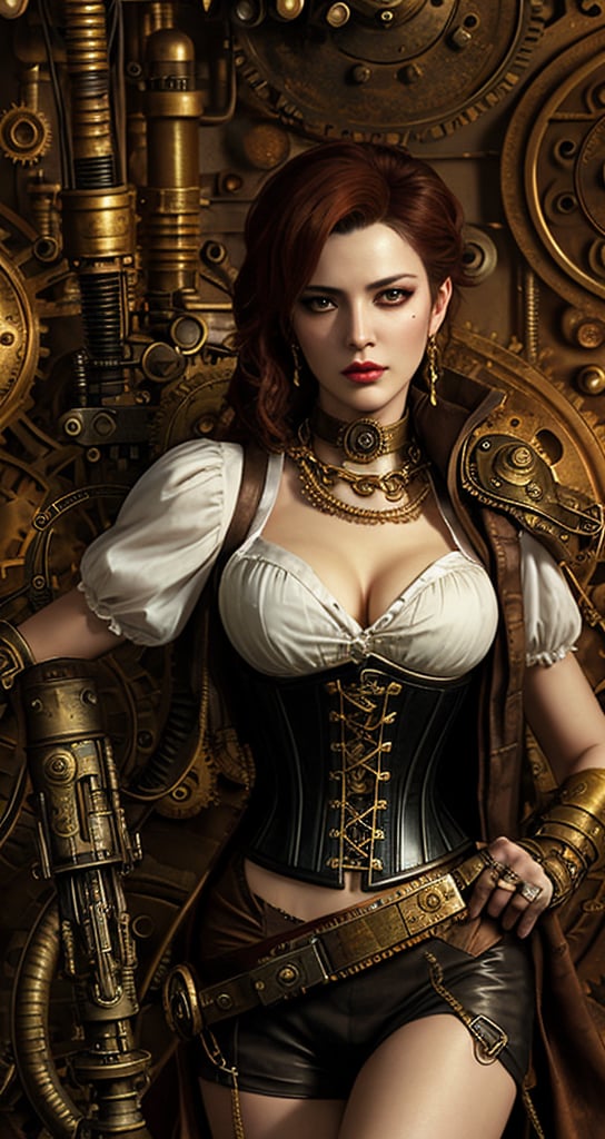 The image portrays a steampunk art style, rich with mechanical and Victorian elements. The composition centers around a woman confidently posing with an intricate, futuristic pistol. She is dressed in a white blouse, black corset, and choker, epitomizing the classic steampunk aesthetic. The background is a complex array of interlocking brass gears and cogs, bathed in warm lighting that accentuates the metallic textures. The overall ambiance is both mechanical and elegant, combining vintage and industrial elements seamlessly.